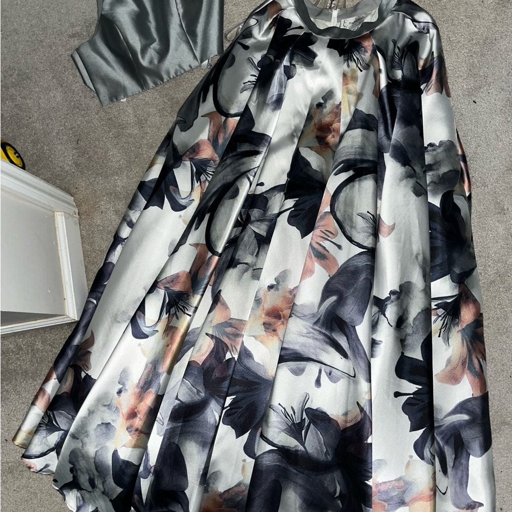 2 Piece Floral Satin Prom Dress